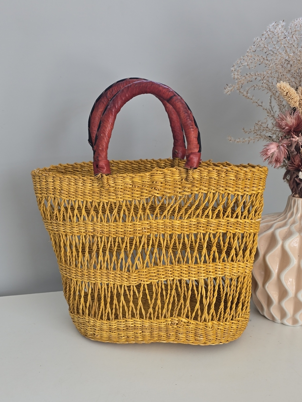 Woven Yellow Straw Basket Bag with Leather Handles